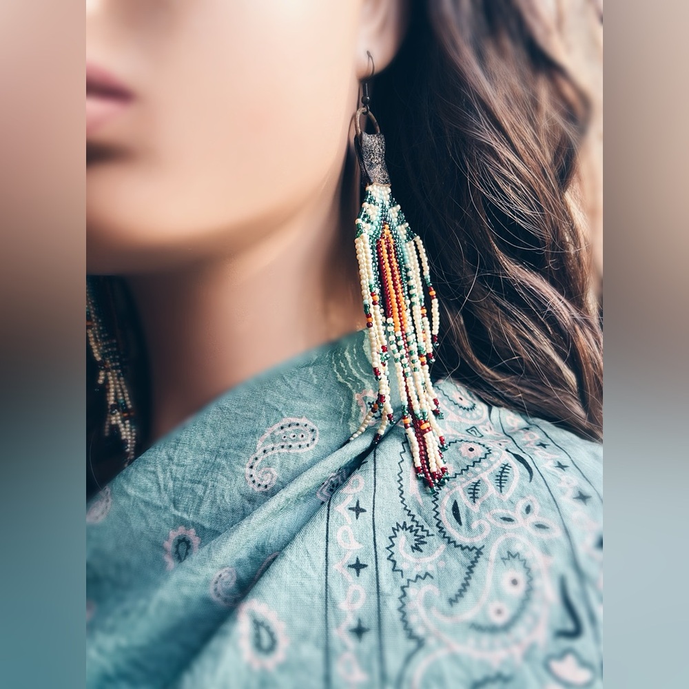 OOAK Artisan Made "Pari" Beaded Leather Fringe Earrings | 6" Dusters
